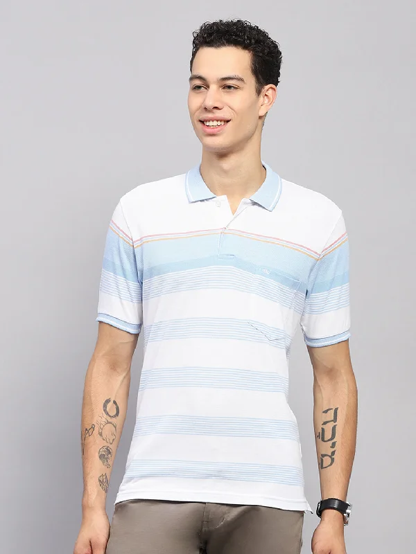 Men's button - front t - shirts with a unique artistic printMen Blue Stripe Collar Half Sleeve T-Shirt