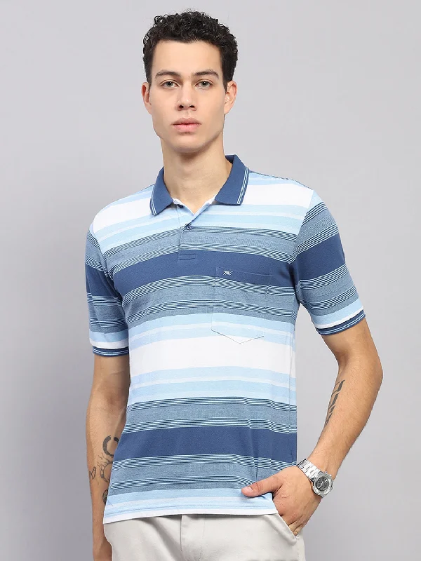 Men's mock - neck t - shirts with a modern and sleek styleMen Blue Stripe Collar Half Sleeve T-Shirt