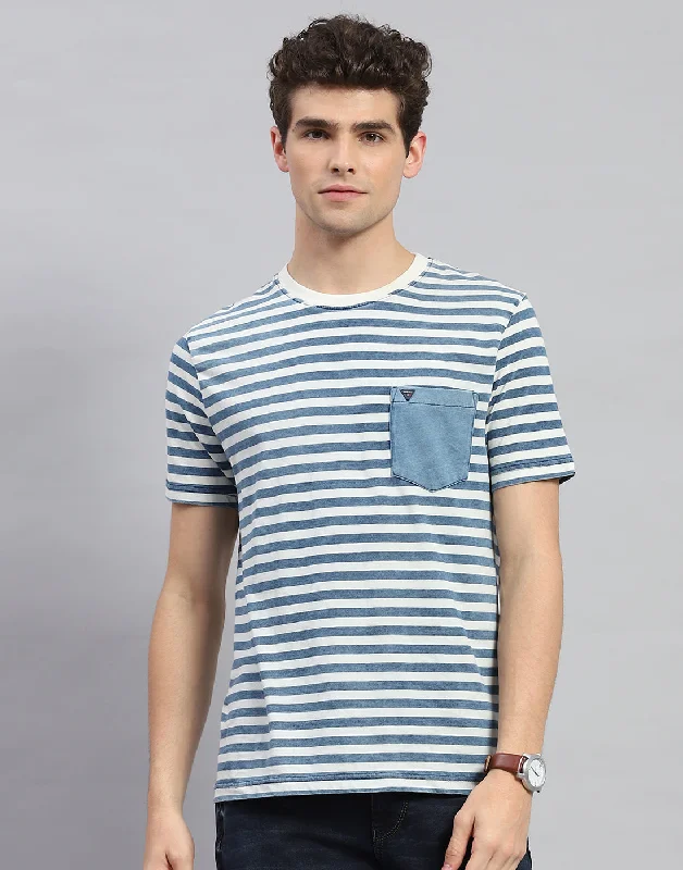 Men's ribbed t - shirts with a textured finish for added styleMen Blue Stripe Round Neck Half Sleeve T-Shirt