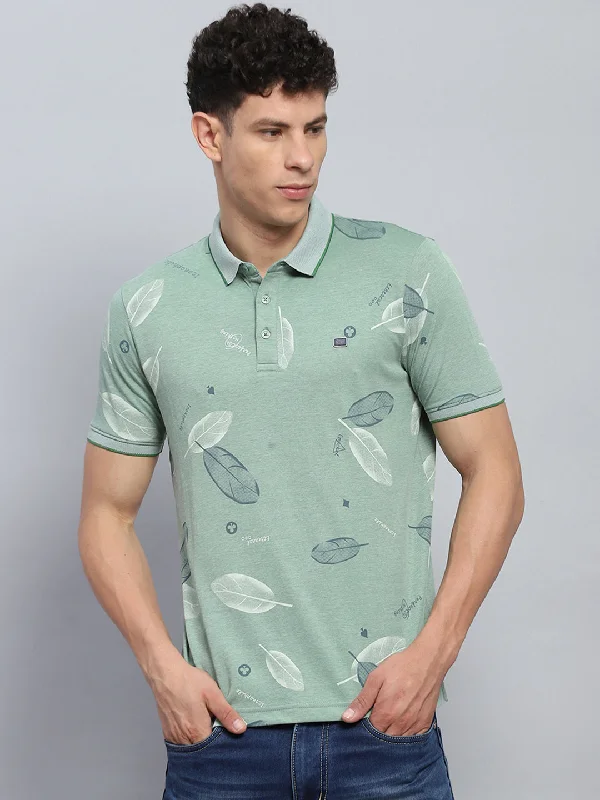 Men's ribbed t - shirts with a textured finish for added styleMen Green Printed Collar Half Sleeve T-Shirt