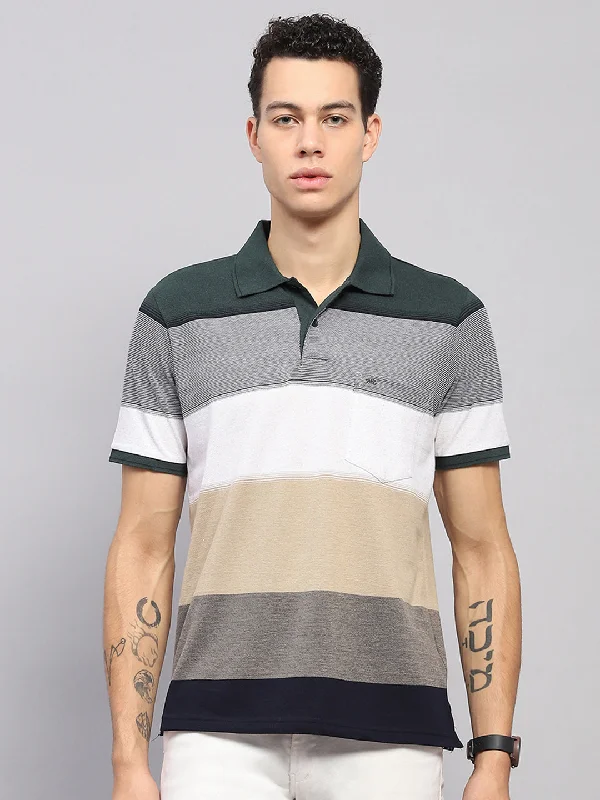 Men's thermal t - shirts with a high - neck design for cold weatherMen Green Stripe Collar Half Sleeve T-Shirt