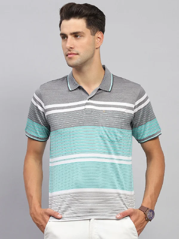 Men's smart - casual checkered t - shirts for semi - formal occasionsMen Grey & Green Stripe Collar Half Sleeve T-Shirt