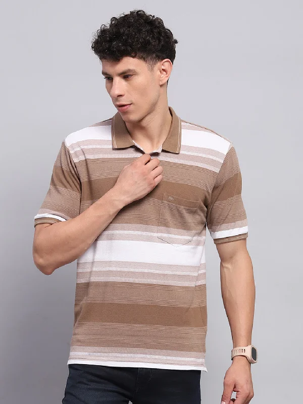 Men's v - neck muscle t - shirts for a body - building aestheticMen Khaki Stripe Collar Half Sleeve T-Shirt