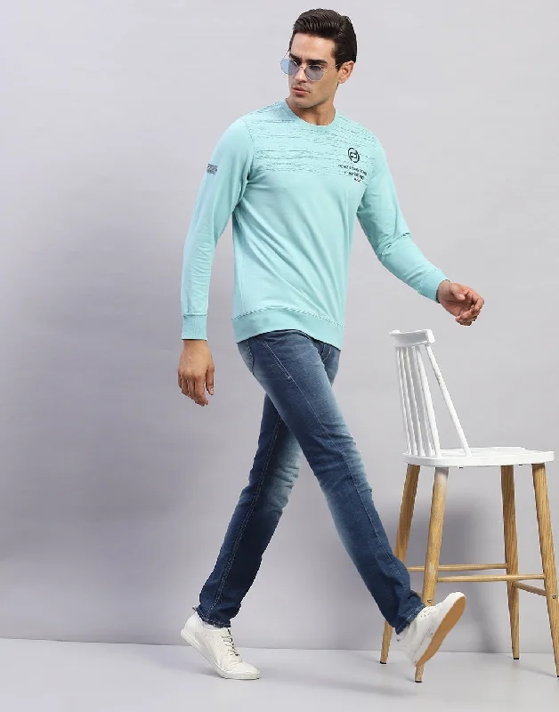 Men's tie - dye t - shirts with a bohemian styleMen Light Blue Printed Round Neck Full Sleeve Winter T-Shirt