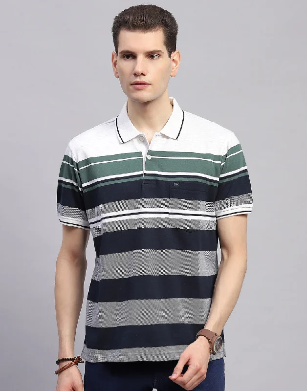 Men's button - front t - shirts with a unique artistic printMen Navy Blue Stripe Collar Half Sleeve T-Shirt