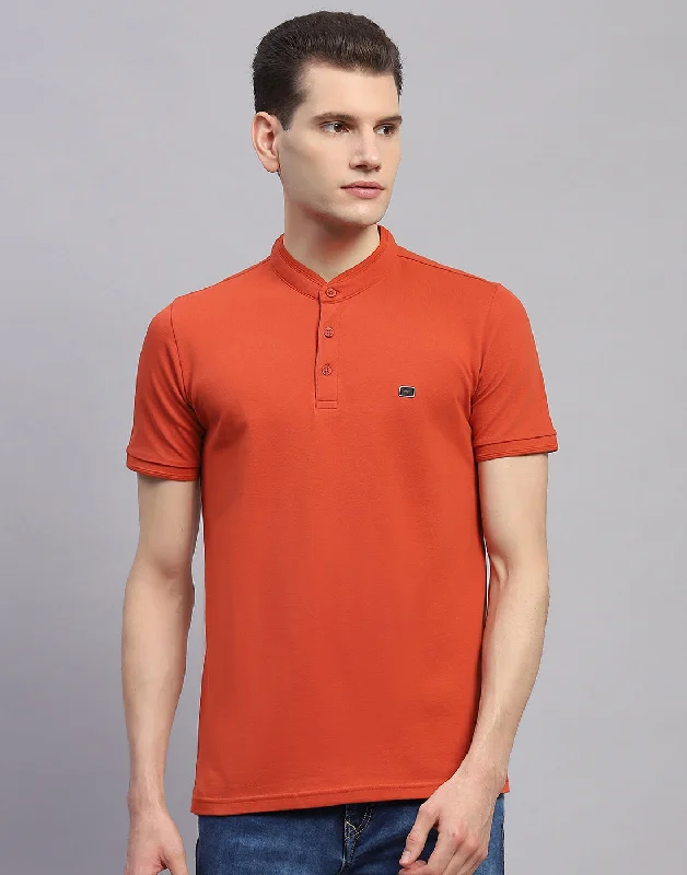 Men's ribbed t - shirts with a textured finish for added styleMen Orange Solid Band Collar Half Sleeve T-Shirt