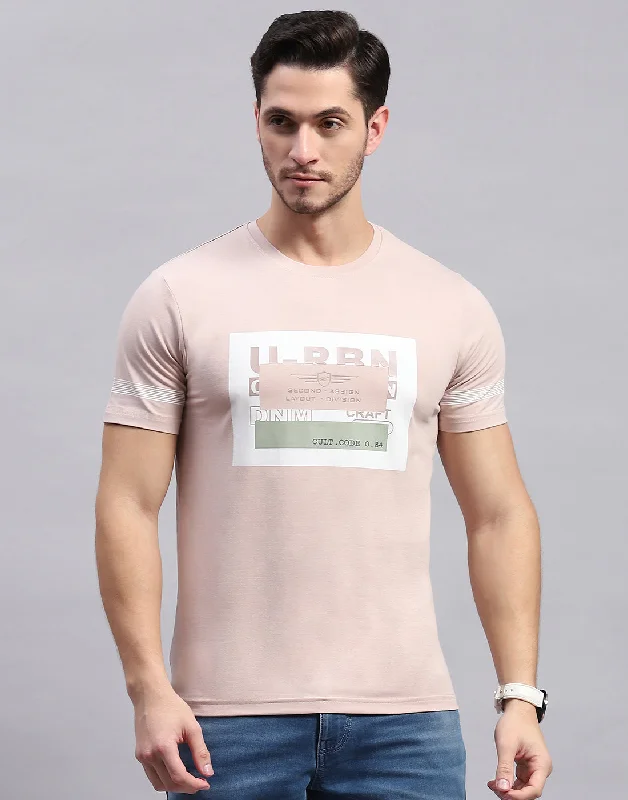 Men's tie - dye t - shirts with a bohemian styleMen Peach Printed Round Neck Half Sleeve T-Shirt