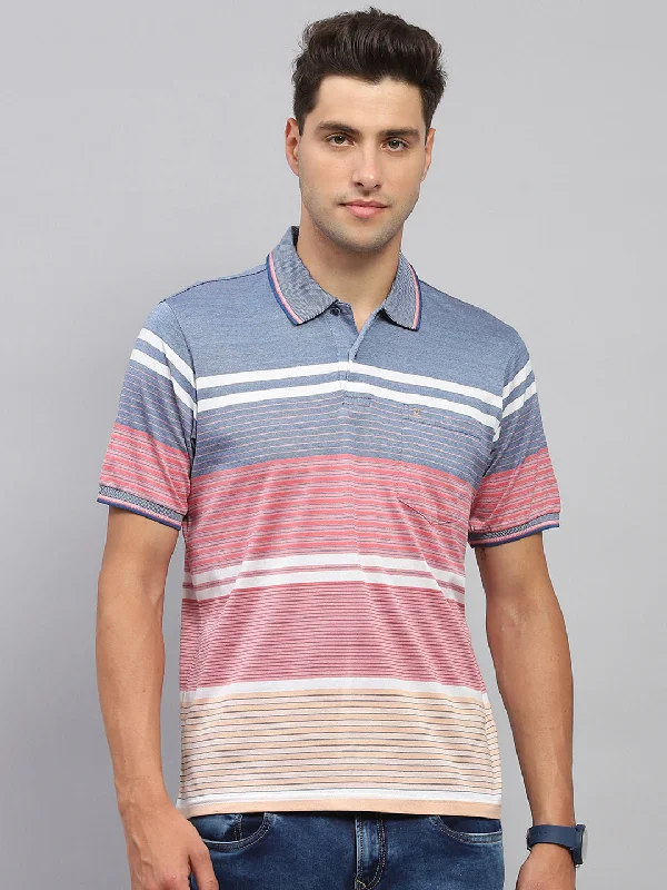 Men's mock - neck t - shirts with a modern and sleek styleMen Pink & Blue Stripe Collar Half Sleeve T-Shirt