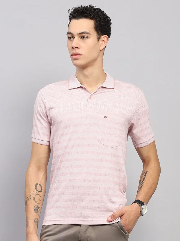 Men's plus - size pocket t - shirts with a classic lookMen Pink Stripe Collar Half Sleeve T-Shirt