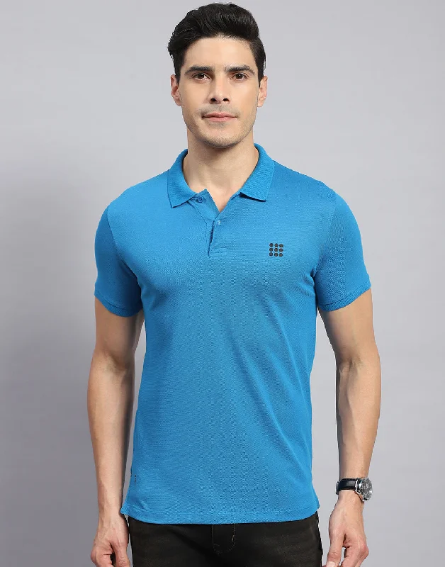 Men's lightweight performance t - shirts for running marathonsMen Teal Blue Solid Collar Half Sleeve T-Shirt