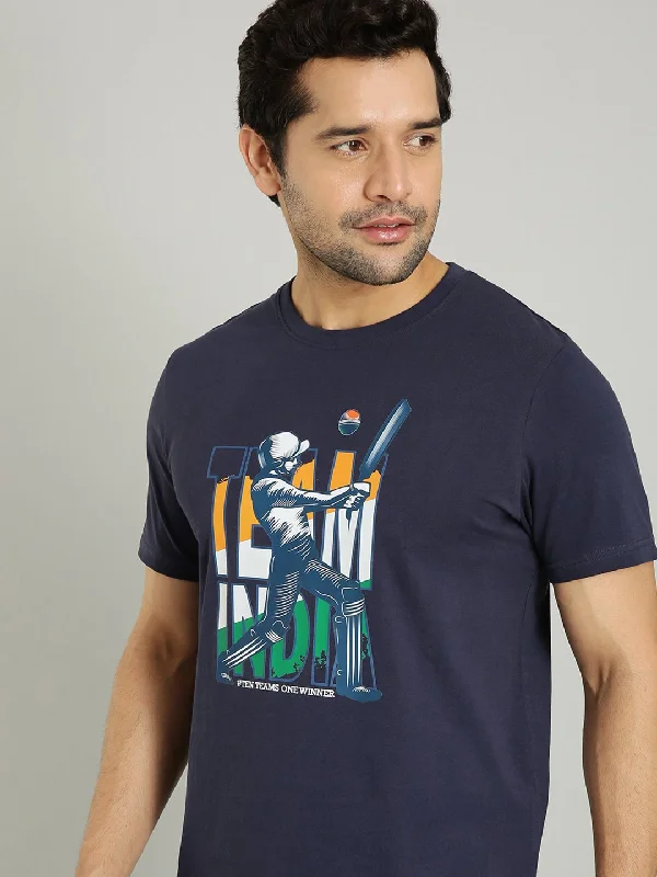 Men's button - front t - shirts with a unique artistic printMen Team India Graphic Crew Neck T-Shirt