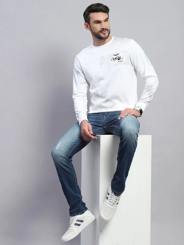 Men's distressed denim - look t - shirts with a rugged appealMen White Printed Round Neck Full Sleeve T-Shirt