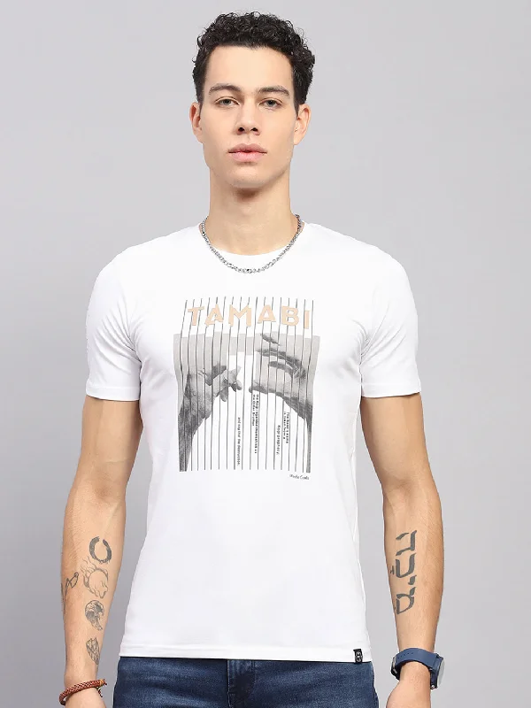 Men's button - front t - shirts with a unique artistic printMen White Printed Round Neck Half Sleeve T-Shirt