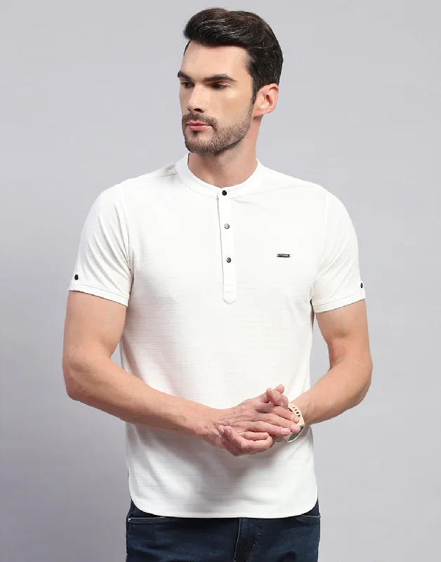 Men's eco - friendly recycled t - shirts for sustainable fashion choicesMen White Solid Band Collar Half Sleeve T-Shirt