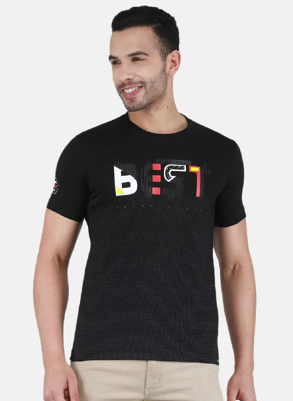 Men's button - front t - shirts with a unique artistic printMen Black Printed T-Shirt