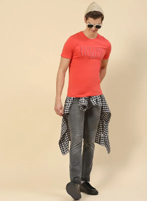 Men's smart - casual checkered t - shirts for semi - formal occasionsMen Peach Printed T-Shirt