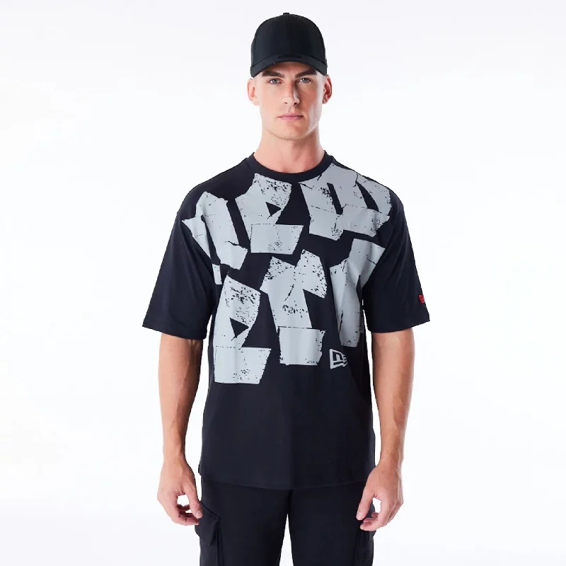 Men's ribbed t - shirts with a textured finish for added styleNew Era Font Graphic Black Oversized T-Shirt