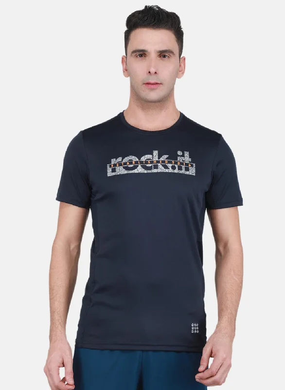 Men's ribbed t - shirts with a textured finish for added styleRock-it Men NAvy Blue Printed T-Shirt