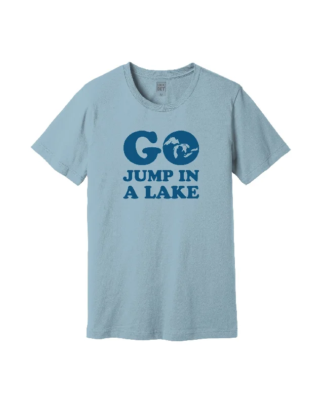 Men's v - neck muscle t - shirts for a body - building aestheticThe Great Lakes State - Go Jump In A Lake T-Shirt - Light Blue